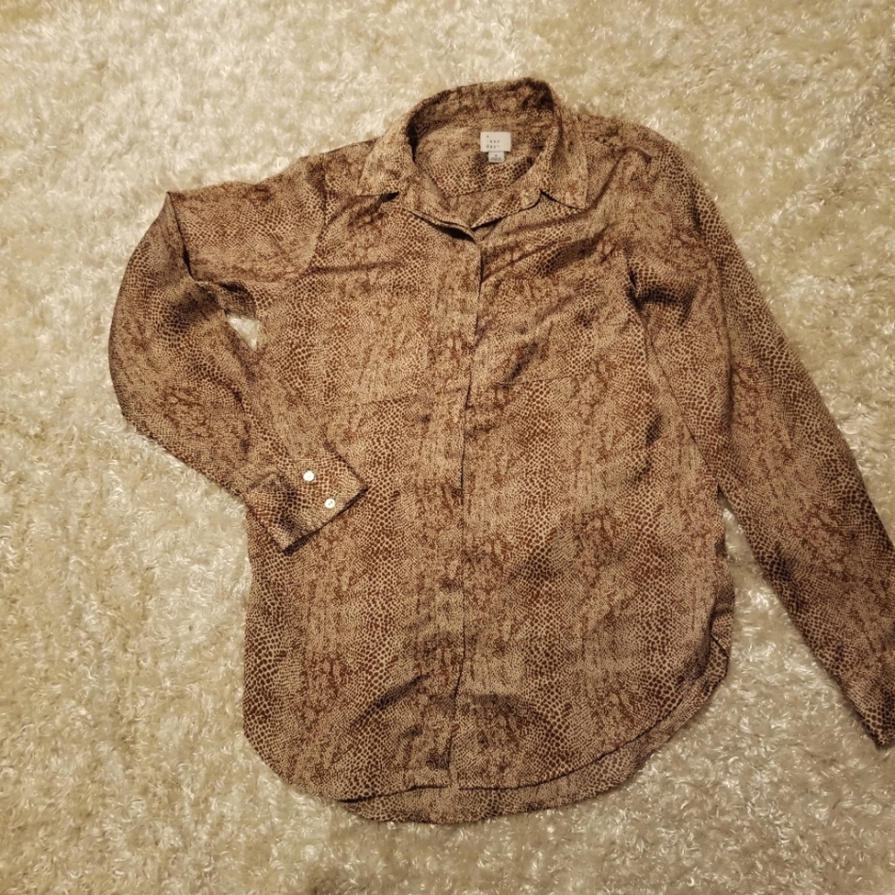 A New Day Animal Print Silky Button Up Blouse Long Sleeve Sz Small Brown